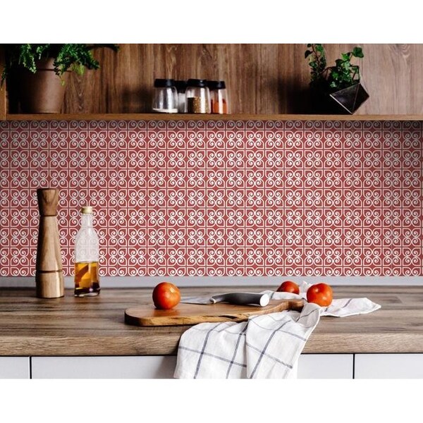 Homeroots 6 x 6 in. Brick Red & White Scroll Peel & Stick Removable Tiles 400422 - main